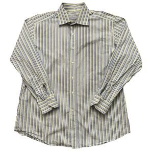 ETRO Shirt Mens Size 46 Long Sleeve Dress Green Blue Striped Made in Italy